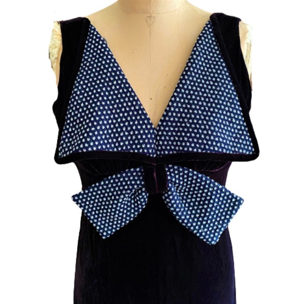 Vintage 60s 70s maxi velvet dress, dark purple big statement collar bow